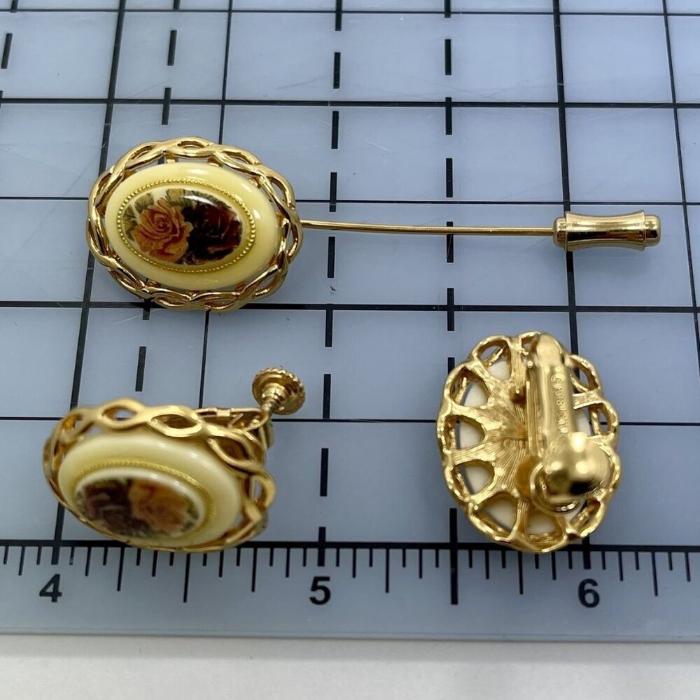 Vintage Napier Gold-Tone Rose Floral Screw Back Earrings & Stick Pin Set - Picture 3 of 7